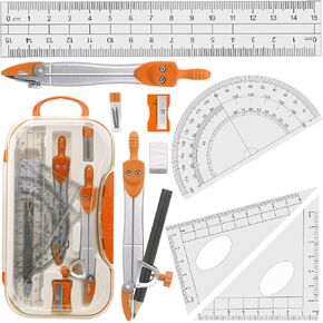 Math Compasses for Geometry Students with Protractor, Set Squares with Case, Orange