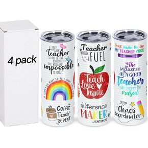 4 Pack Teacher Appreciation Gifts, Teacher Gifts from Student, Teacher Appreciation Week Gifts, 20 oz Skinny Teacher Tumbler for Teacher Week, Birthday, Back to School, Christmas