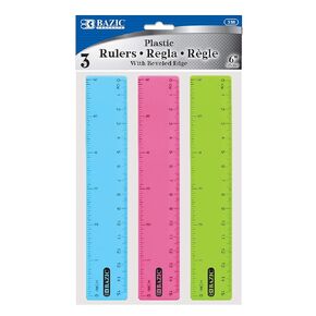 BAZIC Plastic Ruler 6" (26cm), Inches Centimeter Metric Measuring Drafting Rulers, for Students School Supplies (3/Pack), 1-Pack