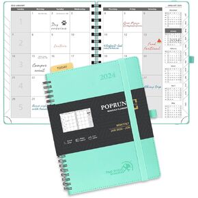 POPRUN Monthly Planner 2024-2025 Spiral Bound (6.5'' x 8.5'') 18 Months Calendar (Jan 2024 - Jun 2025) - 4 Pages per Month with Monthly Expense & Notes, Vegan Leather Cover - Navy Blue