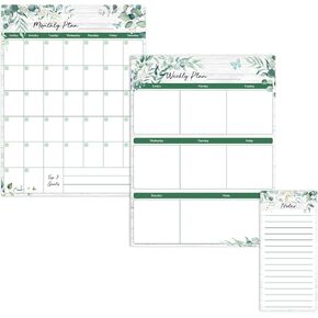 Magnetic Dry Erase Calendar, 3 PCS Greenery Monthly & Weekly Planner, Notes, Goals Grocery & To Do List, Planner Organizer for Family Kitchen, Refrigerator, Office, Classroom