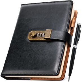 Diary with Lock, A5 PU Leather Journal with Lock, Metal Pen, 260 Pages Password Notebook for Men and Women, Vintage Lock Daily Journal for Travel, Note Take, Plans, Organize (10 x 7 in)
