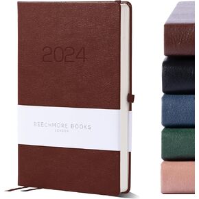 Beechmore Books Weekly Planner - A5, Brown | Premium 2024 Diary | Hardcover Journal with Vegan Leather, Thick 120gsm Paper | With Year & Month View, Goal Setting, Appointments Planning, Gift Box