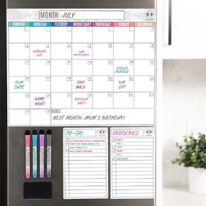 Magnetic Calendar for Fridge Dry Erase 16.5x13, 2 Notepads, 4 Markers, Eraser - No Stain Dry Erase Calendar for Fridge Magnetic