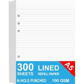 A5 Lined Paper, Refills for Filofax Planner, Organizer, Binders, 6 Hole Punched, 100 Sheets/200 Pages, 100gsm, White, 5.8 x 8.2 Inch