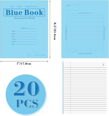 Skyygemm 20 Pack Exam Blue Book كتاب اختبار أزرق، 8.5 بوصة × 7 بوصة، 8 أوراق 16 صفحة، كتاب فحص مخيط واسع للمدرسة والمنزل والأعمال التجارية in Saudi Arabia
