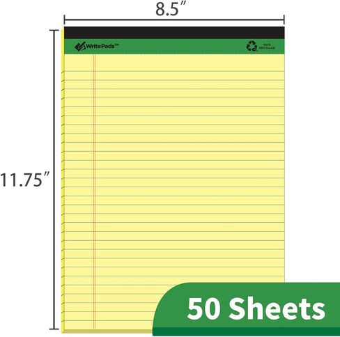 KAISA Legal Pads Writing Pads Recycled Paper, 8.5"x11.75" Wide Ruled Perforated 50 sheets Notepads 8-1/2"x 11-3/4" Writed Pad, Canary (Pack of 12pc) KSU-5668 in Saudi Arabia