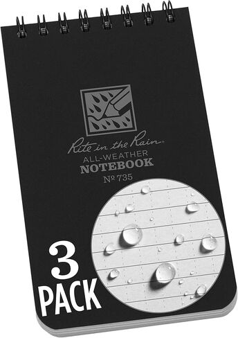 دفتر ملاحظات Rite in the Rain مقاوم للطقس العلوي، مقاس 3 × 5 بوصة، غطاء أسود، نمط عالمي، 3 عبوات (رقم 735-3) in Kuwait