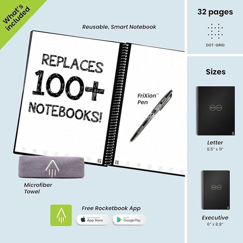 دفتر Rocketbook Core الذكي القابل لإعادة الاستخدام | كمبيوتر محمول مبتكر وصديق للبيئة ومتصل رقميًا مزود بإمكانيات المشاركة السحابية | منقط، 6 بوصة × 8.8 بوصة، 36 صفحة، أسود إنفينيتي، مع قلم وقماش وتطبيق متضمن in Kuwait