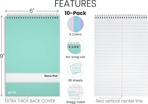 Better Office Products Spiral Steno Pads, 10 Pack, 6 x 9 inches, 80 Sheets, White Paper, Gregg Rule, Assorted Pastel Color Covers, 10 Steno Notebooks in Saudi Arabia