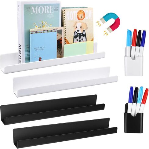 4 Pcs 17in Magnetic Book Shelf for Whiteboard Acrylic Magnetic Book Holder Floating Book Shelves with 2 Pcs Pencil Holders for Kids Room Teacher Office Picture Books Display-NO PENS in Kuwait