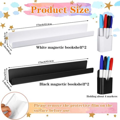 4 Pcs 17in Magnetic Book Shelf for Whiteboard Acrylic Magnetic Book Holder Floating Book Shelves with 2 Pcs Pencil Holders for Kids Room Teacher Office Picture Books Display-NO PENS in Kuwait