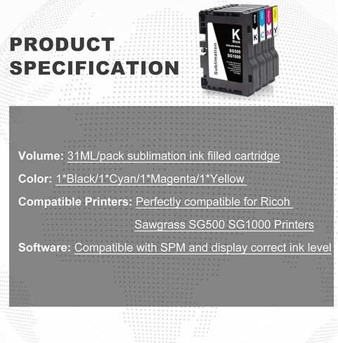 New SG500 SG1000 Newest Upgraded Chip Sublimation Ink Cartridge Compatible for Sawgrass Virtuoso SG500 SG1000 Printer (1 Black, 1 Cyan, 1 Magenta, 1 Yellow, 4-Pack) in Saudi Arabia