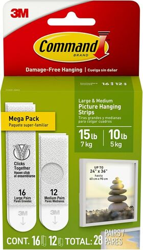 Command Medium and Large Picture Hanging Strips, Damage Free Hanging Picture Hangers, No Tools Wall Hanging Strips for Living Spaces, White, 12 Medium Pairs and 16 Large Pairs in Saudi Arabia