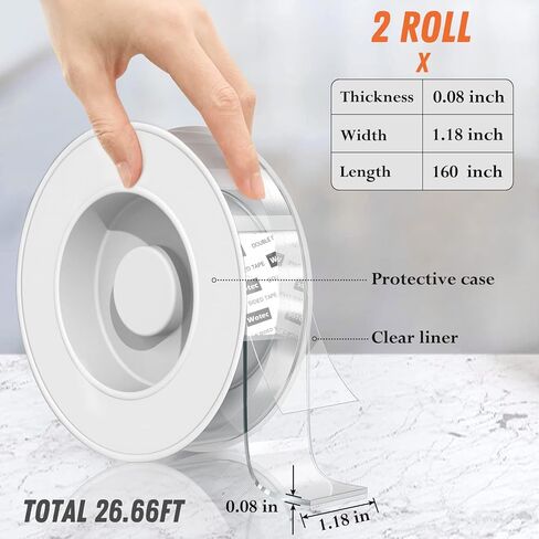 Extra Large Double Sided Tape Heavy Duty Removable 1.18 Inch x 160 Inch, Clear & Tough Nano Tape, Multipurpose Mounting Tape Picture Hanging Strips Adhesive Poster Carpet Tape in Kuwait