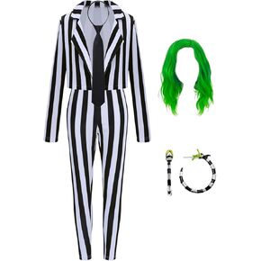 Women's Black and White Striped Blazer Suit Vertical Stripe Coat with Wig, Legging Pants, Tie, Earrings