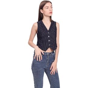 Pinstripe Y2K Vests for Women Cropped Button Front Causal Sleeveless Waistcoat Suit Vest Top