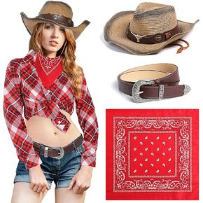4 Pcs Country Cowgirl Costume Women Cosplay Set Western Cowgirl Plaid Shirt Cowgirl Hat Belt Bandana for Halloween