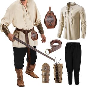 Halloween Men's Medieval Costume Set, Renaissance Pirate Shirt, Viking Costume Belt Wrist Guard 6 Pcs