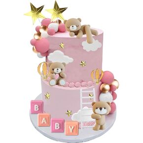 Bear Cake Toppers Bear Balls Cake Decorations with BABY Letters for Boy Girl Baby Shower Birthday Party Decorations (Blue)
