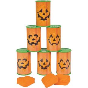 Vibrant Orange Jack-O’-Lantern Plastic Can Toss Game with Bean Bags - 5" x 3" (Set of 9) - Perfect for Halloween Parties, School Carnivals, and Family Fun Activities