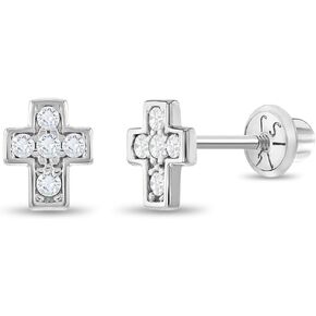 14k White Gold Clear Cubic Zirconia Little Cross Screw Back Earrings for Girls, Tiny Stud Religious Earrings for Toddlers Small Cross Screw Back Locking for Children