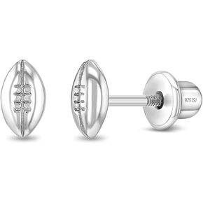 925 Sterling Silver Polished Football Safety Screw Back Earrings For Little Girls & Preteens - Children's Sports Fan Jewelry For Football Games - Small Football Girls Earrings