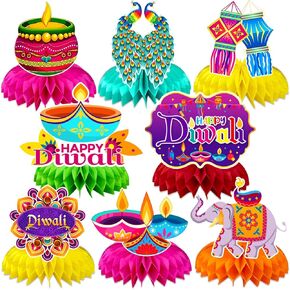 JULMELON 8PCS Diwali Party Decorations Honeycomb Centerpiece, 3D Double Sided Happy Diwali Centerpiece Table Decorations Table Toppers for Home Indian Diwali Festival of Lights Party Favors Supplies
