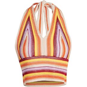 Women’s Halter Backless Knitted Crop Top V Neck Bandage Stripe Crop Tank Top Vest Top