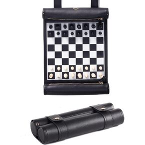Roll Up Chess Set - 11" Foldable Leather Chess Mat with Wooden Chess Pieces - Portable Travel Chess Set with Straps - Perfect Chess Game for Airplane, Camping, and More (Wine/White)