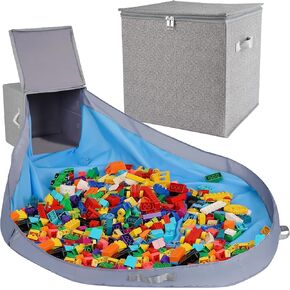 SAM AND MABEL Toy Storage Basket and Play Mat for Kids - 13"x13"x13" Stackable and Foldable Cubby Box Toy Organizers and Storage Bins with Lid for Playroom (Pebble Gray)
