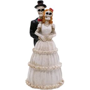 VILLAGE GIFT IMPORTERS Skeleton Bride and Groom | Halloween Wedding Couple | Groom in Top Hat and Suit | Bride in Bridal Gown with Red Hair | Home Décor for Halloween and Day of The Dead