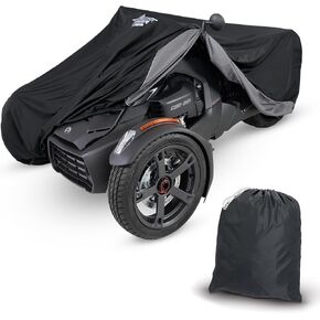 Can-Am Ryker Full Motorcycle Cover with Heat Shield & Expandable Pouch - Water-Resistant, Windshield Protection, Bungee Tie Downs, Reflective, Black/Charcoal