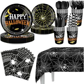 Black Halloween Party Tableware Set for 16 Guests Supplies Happy Halloween Paper Plates Cups Towels Plastic Knives Forks Spoons Straws Tablecloth Party Decor supplies for Kids Adult