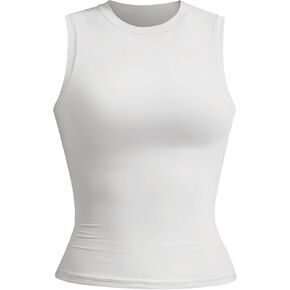 YEOREO Women Basic Mock Neck Workout Crop Top Sleeveless Double Lined Tank Tee Slim Fitted Ruched Going Out Camisole