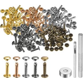 HARFINGTON 100 Sets Leather Rivets 8mm x 6mm Metal Double Cap Rivet Snaps Studs Fasteners with 3pcs Setting Tools Rivets for Leather Craft DIY Repair Decoration, Multi Colors