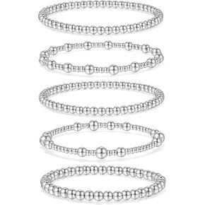 Badu Silver Beaded Bracelets for Women no tarnish Silver plated Stackable Bead Ball Bracelet Stretchable Elastic Hypoallergenic Trendy