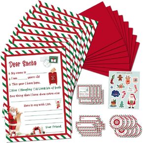 KOFECIT Letter To Santa Kit 8 Sets - 5x 7"Fill in The Blank Cards with Red Envelopes/Stickers/Seals/Address Labels- Official Letters To Santa Writing Kit Greeting Cards for Christmas Wish List