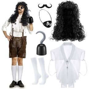 6 Pcs Halloween Pirate Captain Costume Adult Accessories Set Include Pirate Hook, Wig, Mustache, Pirate Scarf and White Socks for Pirate Cosplay Party
