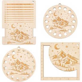 BENECREAT 4Pcs Wood Knitting Gauge Ruler with Stars Over Mountains Pattern, Knitting Needle Gauge Measuring Tool, Embroidery Floss Organizer Card, Multifunctional Ruler for Crochet DIY Sewing