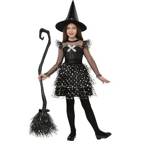 Spooktacular Creations Kids Witch Costume, Halloween Costume Witch Dress with Broom Hat Tights for Girls Glittery for Halloween Role Play Parties, Black (Medium(8-10 yrs))
