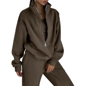 بدلة رياضية نسائية من الصوف من COZYPOIN مكونة من قطعتين سويت شيرت بنصف سحاب وسروال للركض طقم رياضي Y2K (قهوة -L) in Kuwait