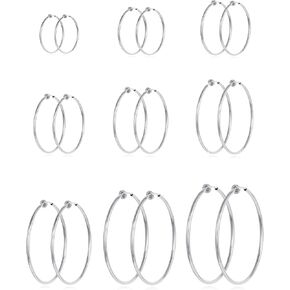 Tornito 9 Pairs Clip on Hoop Earrings Non Pierced Fake Spring Hoop Earrings for Women Men Silver Gold Tone