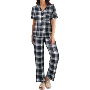 Ekouaer Womens Pajamas Set Plaid PJs Soft Button Down Sleepwear Short Sleeve Nightwear with Long Pants