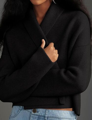 Yimoon Women's Cropped Cardigan Sweater Oversized Lapel Open Front Cardigan Long Sleeve Chunky Knit Outwear in Saudi Arabia
