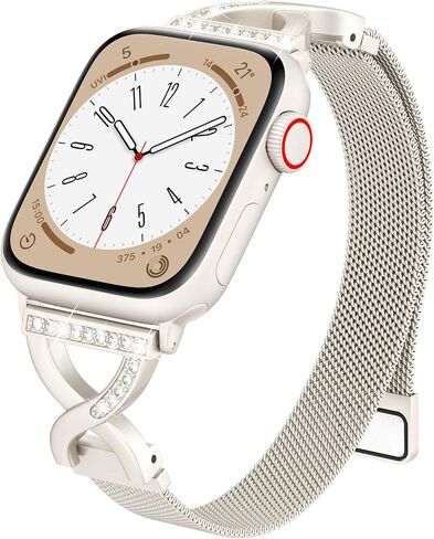 BRG Thin Mesh Loop Compatible with Apple Watch Bands for Women 40mm 41mm 38mm 42mm Series 10 9 8 7 6 5 4 3 2 1 SE, Metal Magnetic Stainless Steel Strap with X-Shape Diamond Clasp for iWatch Bands in Saudi Arabia