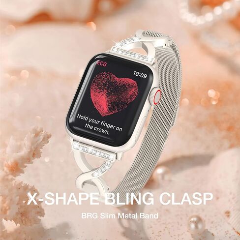 BRG Thin Mesh Loop Compatible with Apple Watch Bands for Women 40mm 41mm 38mm 42mm Series 10 9 8 7 6 5 4 3 2 1 SE, Metal Magnetic Stainless Steel Strap with X-Shape Diamond Clasp for iWatch Bands in Saudi Arabia