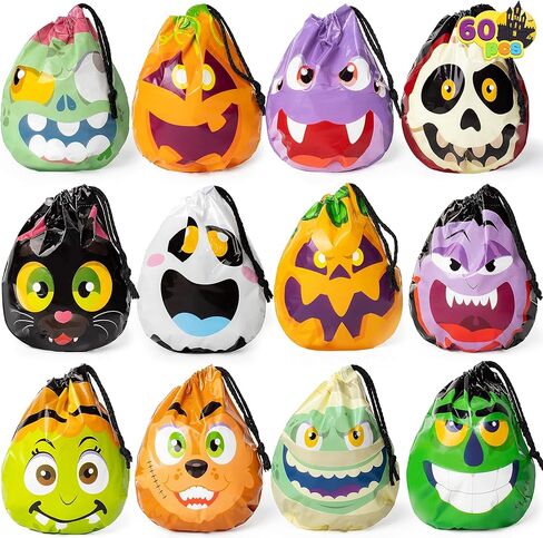 JOYIN 60PCS Halloween Drawstring Treat Bags, Goodie Candy Trick or Treat Bags Bulk in 12 Cute Monster Designs, Small Plastic Gifts Bags for Kids Trick or Treating, Halloween Party Favors Supplies in Saudi Arabia