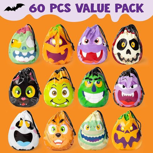 JOYIN 60PCS Halloween Drawstring Treat Bags, Goodie Candy Trick or Treat Bags Bulk in 12 Cute Monster Designs, Small Plastic Gifts Bags for Kids Trick or Treating, Halloween Party Favors Supplies in Saudi Arabia