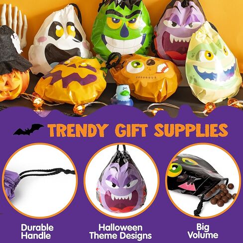JOYIN 60PCS Halloween Drawstring Treat Bags, Goodie Candy Trick or Treat Bags Bulk in 12 Cute Monster Designs, Small Plastic Gifts Bags for Kids Trick or Treating, Halloween Party Favors Supplies in Saudi Arabia
